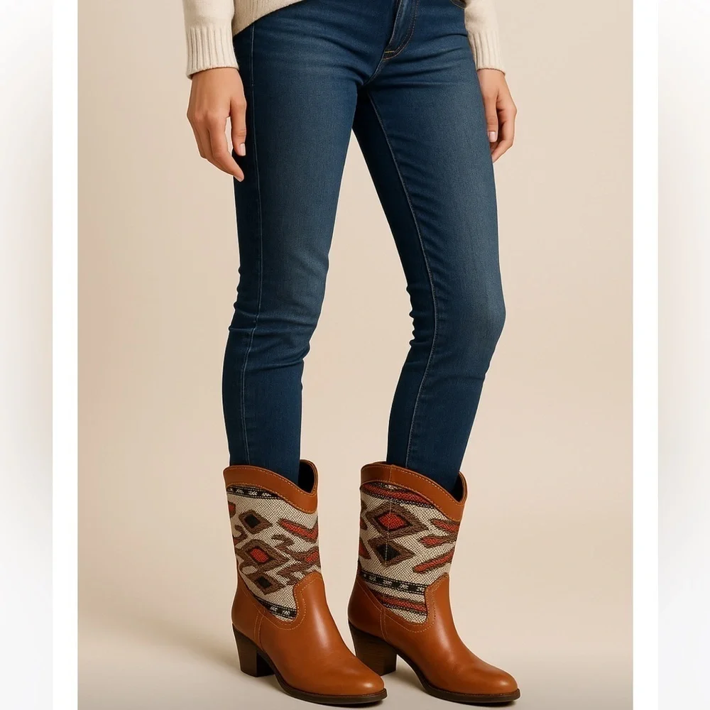 Wanted Women’s Western Kilim Boots Size 10 – Tan Faux Leather & Woven